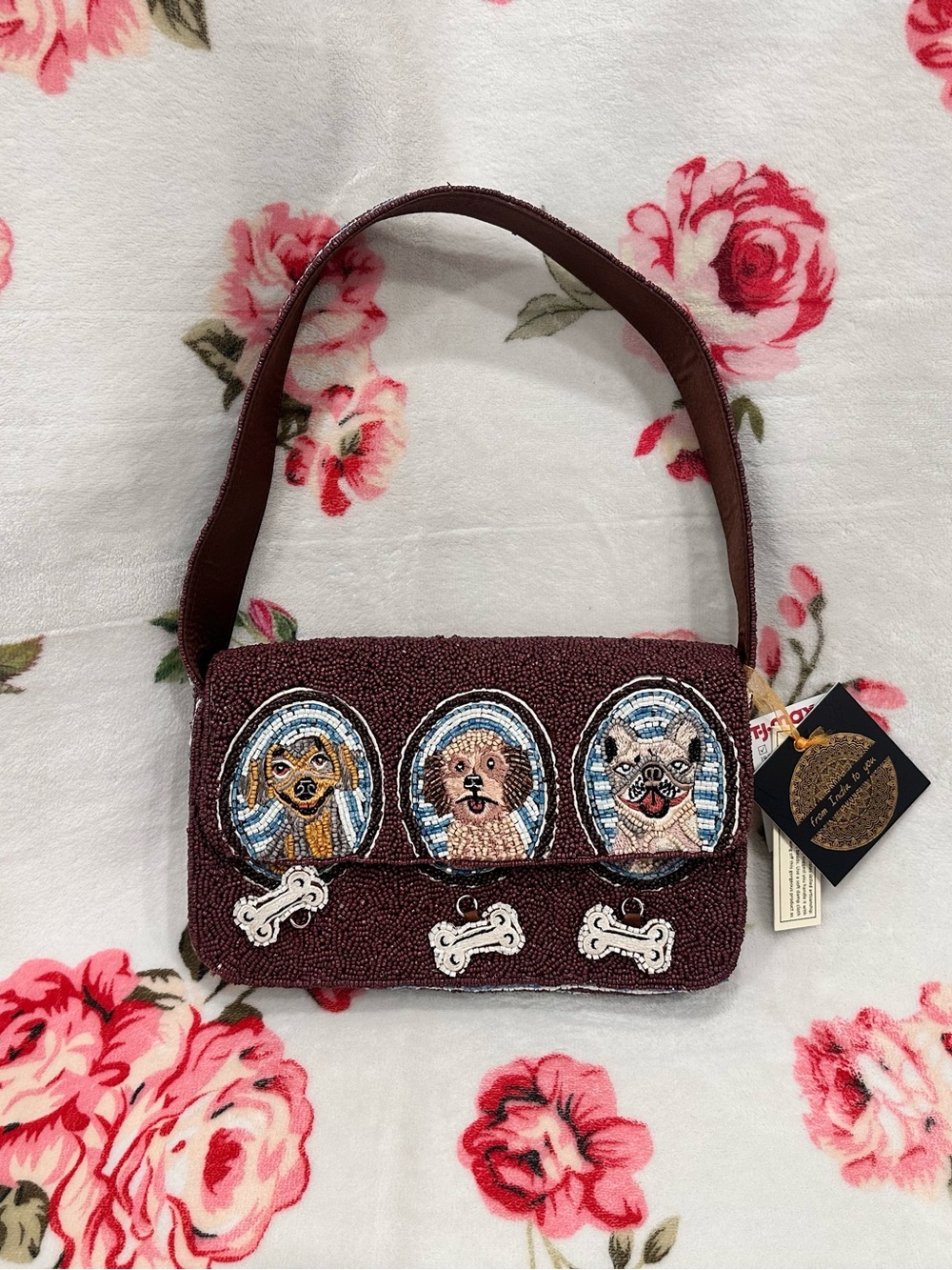 3 Dog Portrait With Bones Beaded Shoulder Bag